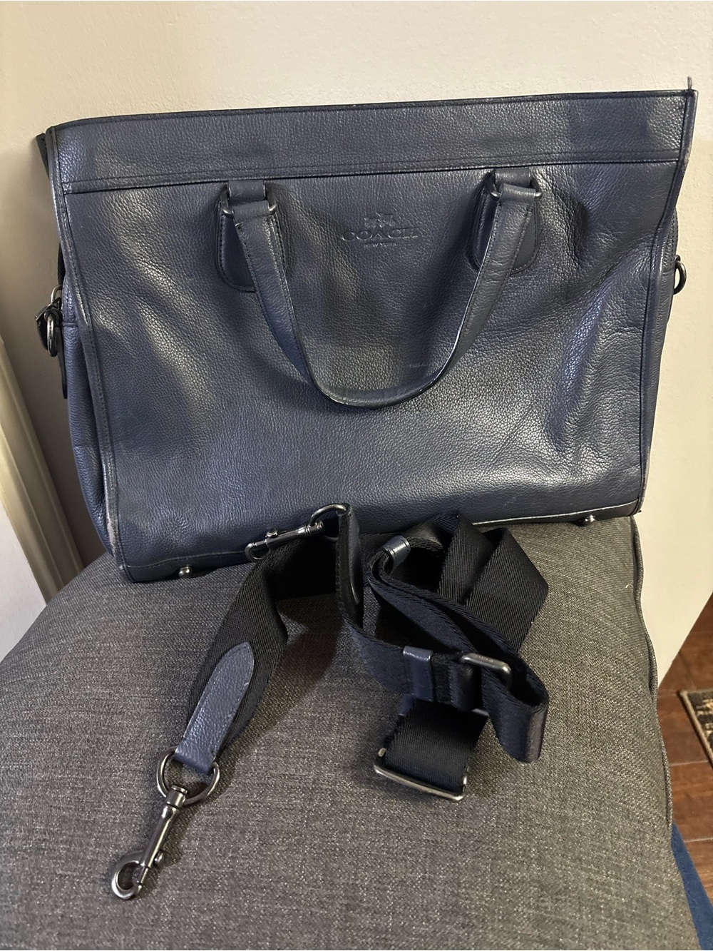 Coach Smith Navy Pebble Leather Briefcase with Detachable Strap.